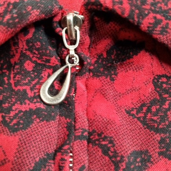 Notations Womens Jacket Red Petite Large Floral Zip Up Shoulder Pads Stretch PL - Picture 6 of 13